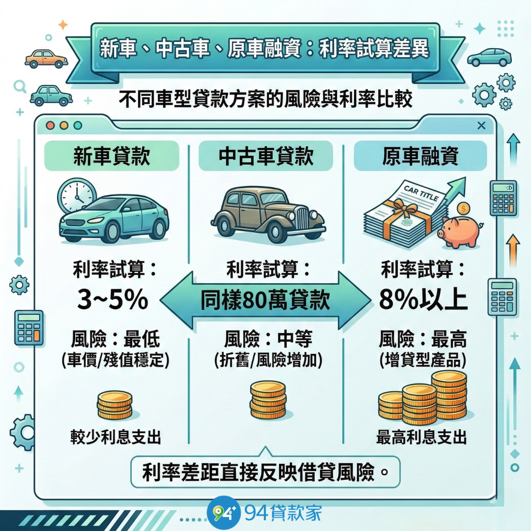 新車、中古車、原車融資利率試算差異
